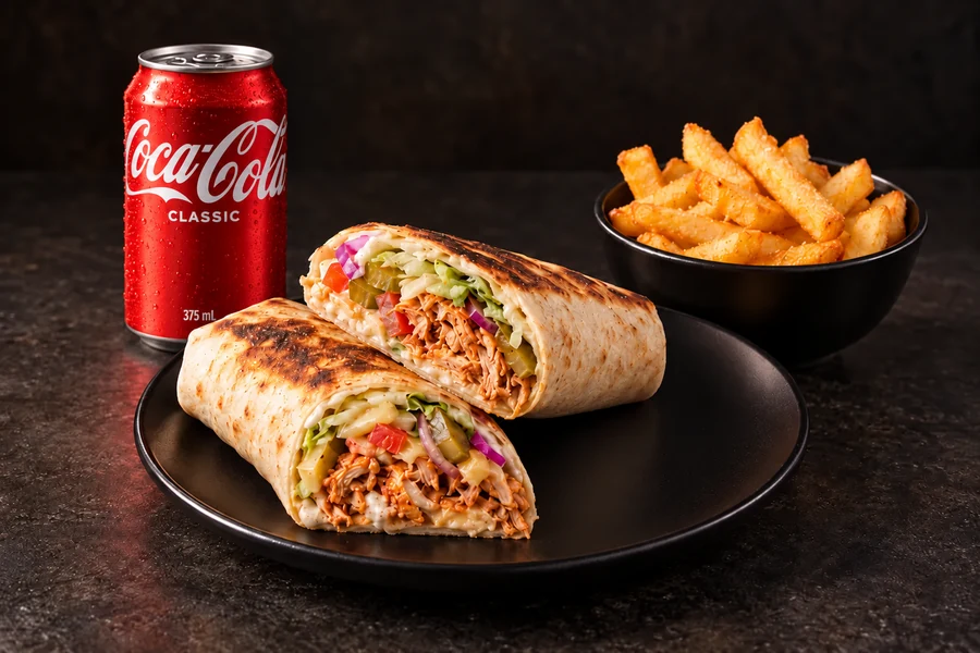 Pulled chicken wrap meal with chips and a can